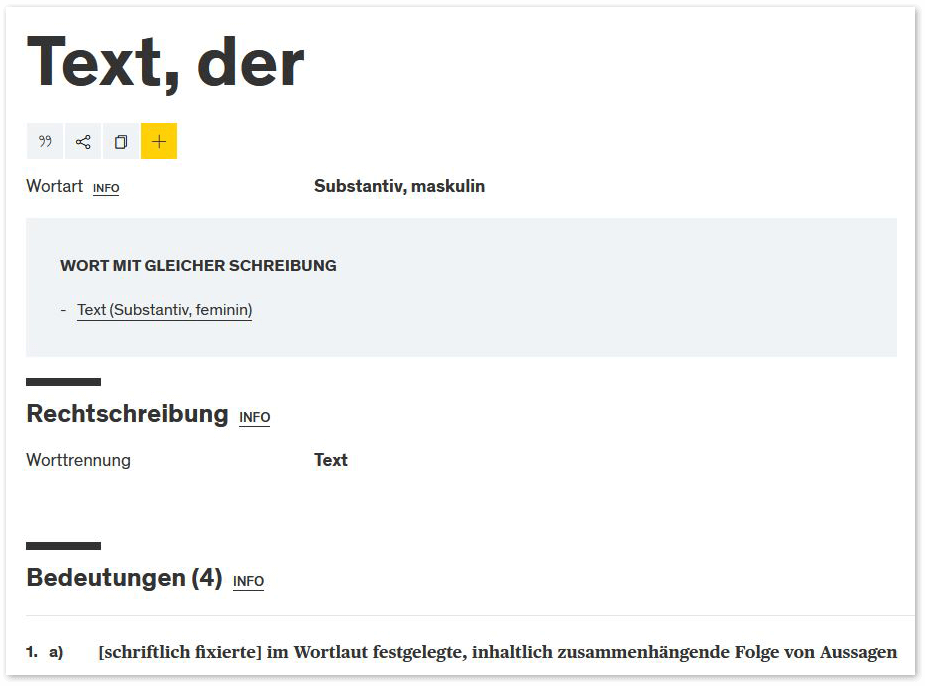 Duden-Definition: [schriftlich fixierte] im Wortlaut festgelegte, inhaltlich zusammenhängende Folge von Aussagen